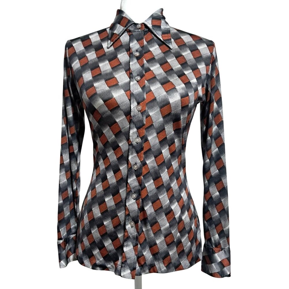 Organically Grown by Arpeja Button Down Shirt Women Vintage Orange Black Pattern
